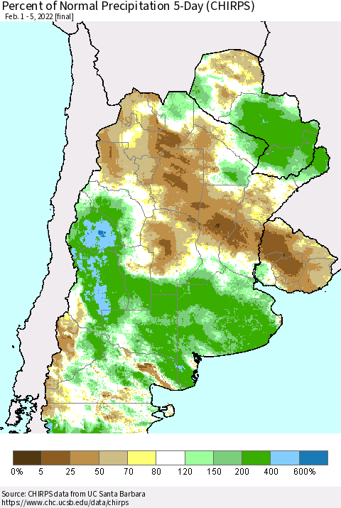 Southern South America Percent of Normal Precipitation 5-Day (CHIRPS) Thematic Map For 2/1/2022 - 2/5/2022
