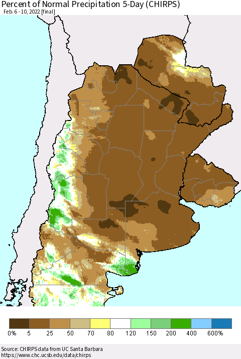 Southern South America Percent of Normal Precipitation 5-Day (CHIRPS) Thematic Map For 2/6/2022 - 2/10/2022