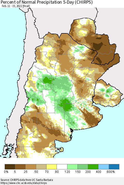 Southern South America Percent of Normal Precipitation 5-Day (CHIRPS) Thematic Map For 2/11/2022 - 2/15/2022