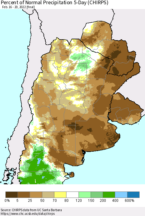Southern South America Percent of Normal Precipitation 5-Day (CHIRPS) Thematic Map For 2/16/2022 - 2/20/2022