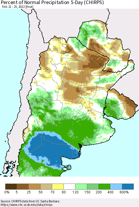 Southern South America Percent of Normal Precipitation 5-Day (CHIRPS) Thematic Map For 2/21/2022 - 2/25/2022