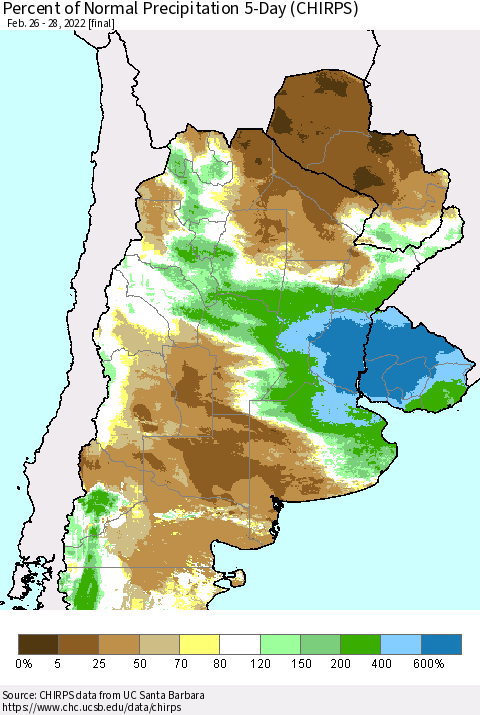 Southern South America Percent of Normal Precipitation 5-Day (CHIRPS) Thematic Map For 2/26/2022 - 2/28/2022
