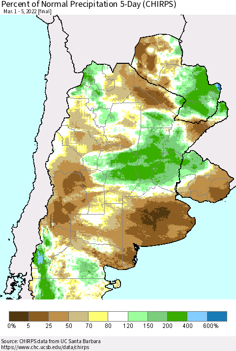 Southern South America Percent of Normal Precipitation 5-Day (CHIRPS) Thematic Map For 3/1/2022 - 3/5/2022