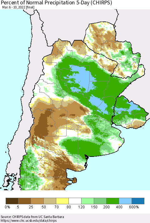 Southern South America Percent of Normal Precipitation 5-Day (CHIRPS) Thematic Map For 3/6/2022 - 3/10/2022
