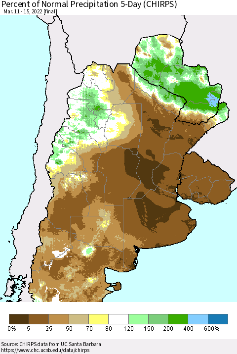Southern South America Percent of Normal Precipitation 5-Day (CHIRPS) Thematic Map For 3/11/2022 - 3/15/2022
