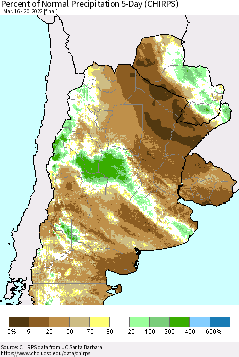 Southern South America Percent of Normal Precipitation 5-Day (CHIRPS) Thematic Map For 3/16/2022 - 3/20/2022