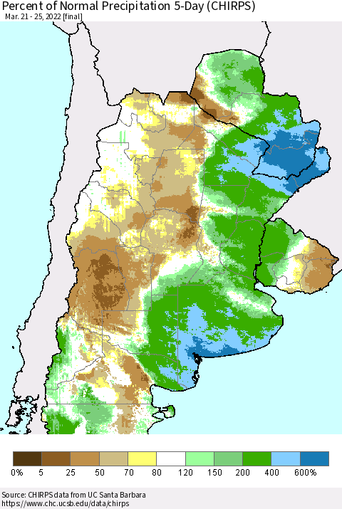 Southern South America Percent of Normal Precipitation 5-Day (CHIRPS) Thematic Map For 3/21/2022 - 3/25/2022