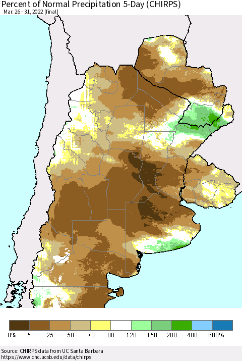 Southern South America Percent of Normal Precipitation 5-Day (CHIRPS) Thematic Map For 3/26/2022 - 3/31/2022