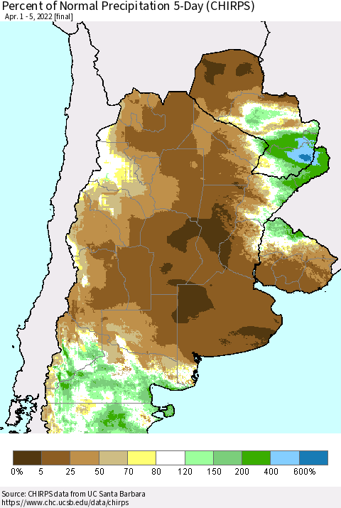 Southern South America Percent of Normal Precipitation 5-Day (CHIRPS) Thematic Map For 4/1/2022 - 4/5/2022