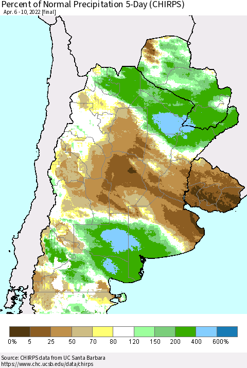 Southern South America Percent of Normal Precipitation 5-Day (CHIRPS) Thematic Map For 4/6/2022 - 4/10/2022