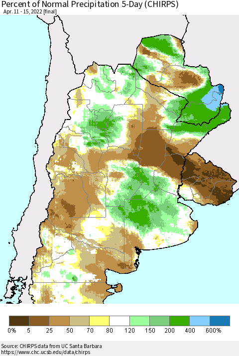 Southern South America Percent of Normal Precipitation 5-Day (CHIRPS) Thematic Map For 4/11/2022 - 4/15/2022