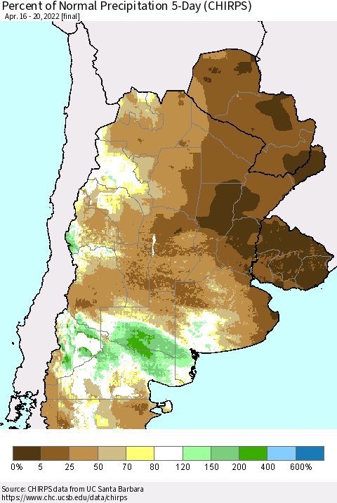 Southern South America Percent of Normal Precipitation 5-Day (CHIRPS) Thematic Map For 4/16/2022 - 4/20/2022