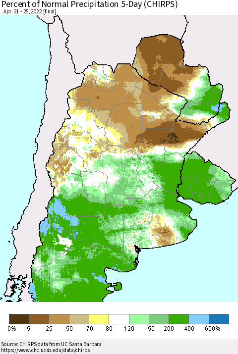 Southern South America Percent of Normal Precipitation 5-Day (CHIRPS) Thematic Map For 4/21/2022 - 4/25/2022