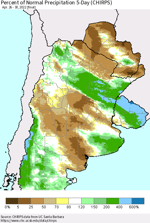 Southern South America Percent of Normal Precipitation 5-Day (CHIRPS) Thematic Map For 4/26/2022 - 4/30/2022