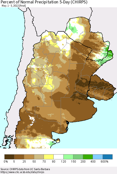 Southern South America Percent of Normal Precipitation 5-Day (CHIRPS) Thematic Map For 5/1/2022 - 5/5/2022