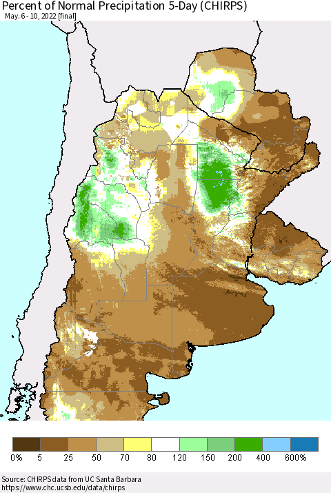 Southern South America Percent of Normal Precipitation 5-Day (CHIRPS) Thematic Map For 5/6/2022 - 5/10/2022