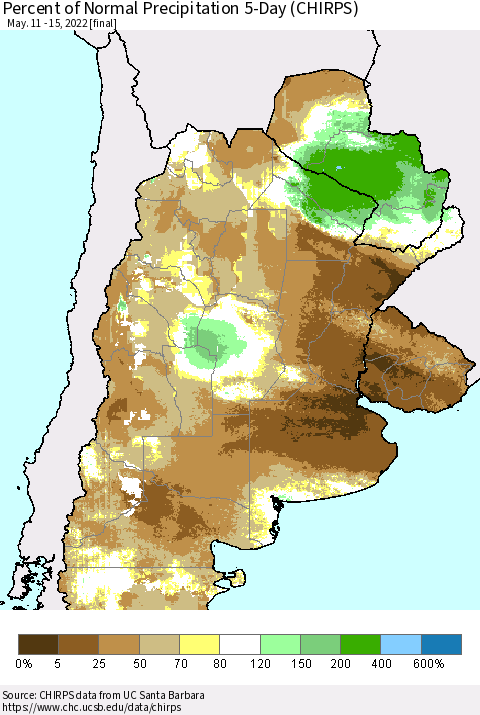 Southern South America Percent of Normal Precipitation 5-Day (CHIRPS) Thematic Map For 5/11/2022 - 5/15/2022