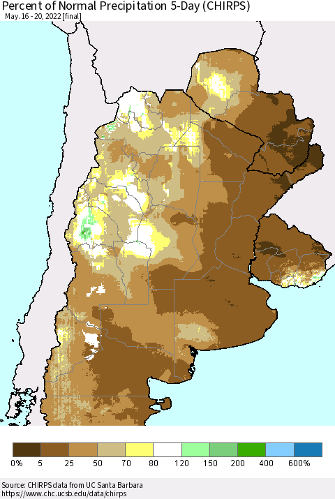 Southern South America Percent of Normal Precipitation 5-Day (CHIRPS) Thematic Map For 5/16/2022 - 5/20/2022