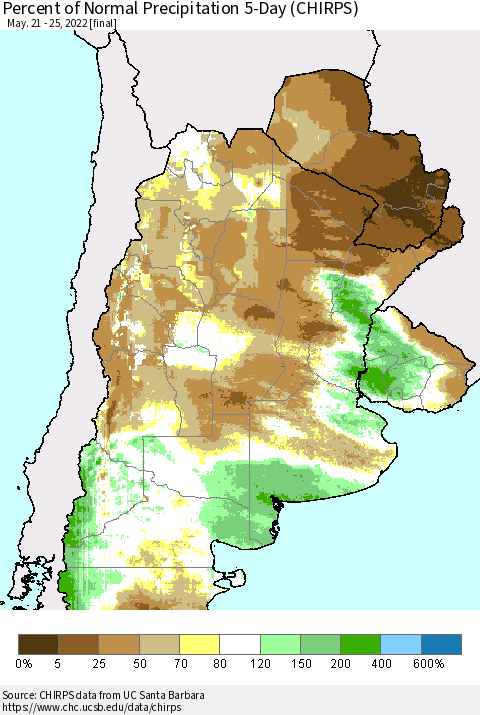 Southern South America Percent of Normal Precipitation 5-Day (CHIRPS) Thematic Map For 5/21/2022 - 5/25/2022