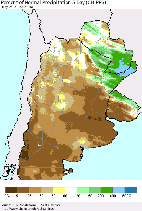 Southern South America Percent of Normal Precipitation 5-Day (CHIRPS) Thematic Map For 5/26/2022 - 5/31/2022