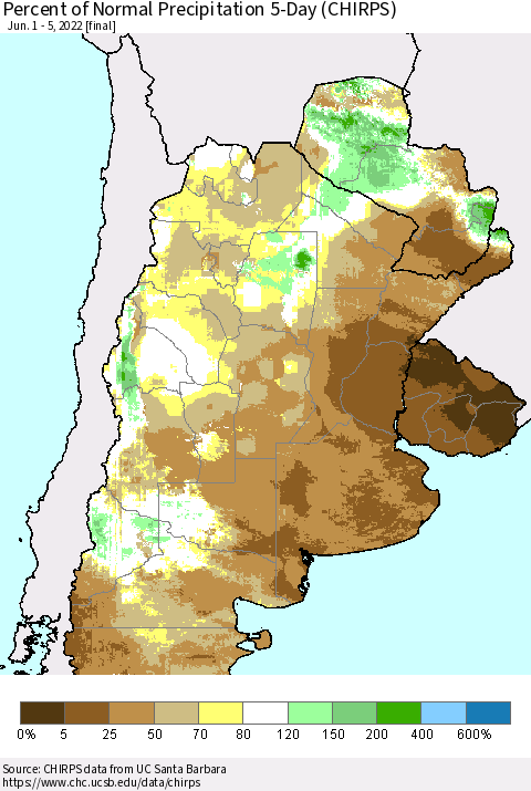 Southern South America Percent of Normal Precipitation 5-Day (CHIRPS) Thematic Map For 6/1/2022 - 6/5/2022