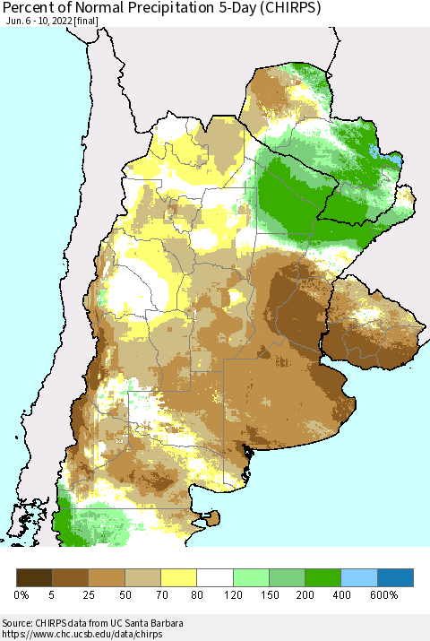 Southern South America Percent of Normal Precipitation 5-Day (CHIRPS) Thematic Map For 6/6/2022 - 6/10/2022
