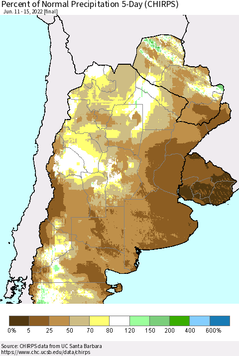 Southern South America Percent of Normal Precipitation 5-Day (CHIRPS) Thematic Map For 6/11/2022 - 6/15/2022