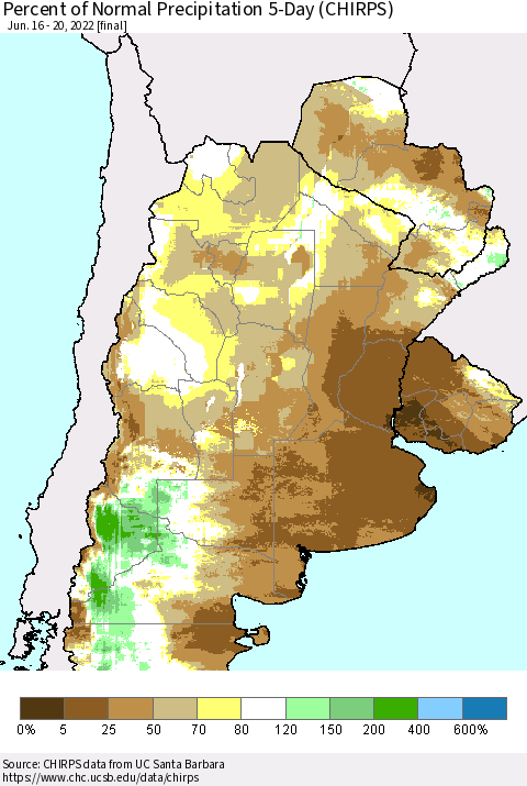 Southern South America Percent of Normal Precipitation 5-Day (CHIRPS) Thematic Map For 6/16/2022 - 6/20/2022