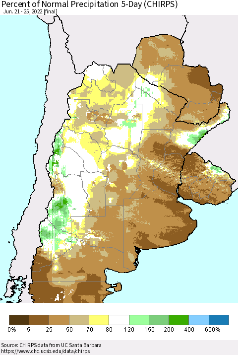 Southern South America Percent of Normal Precipitation 5-Day (CHIRPS) Thematic Map For 6/21/2022 - 6/25/2022