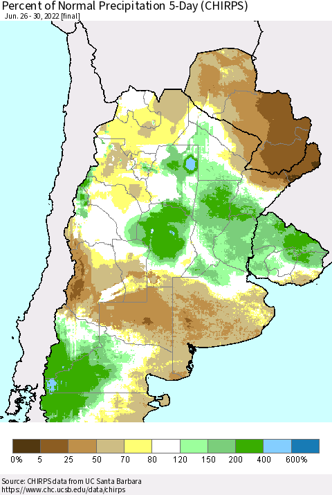 Southern South America Percent of Normal Precipitation 5-Day (CHIRPS) Thematic Map For 6/26/2022 - 6/30/2022