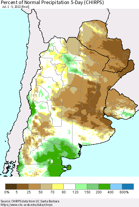 Southern South America Percent of Normal Precipitation 5-Day (CHIRPS) Thematic Map For 7/1/2022 - 7/5/2022