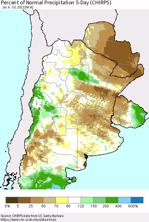 Southern South America Percent of Normal Precipitation 5-Day (CHIRPS) Thematic Map For 7/6/2022 - 7/10/2022