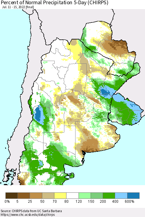Southern South America Percent of Normal Precipitation 5-Day (CHIRPS) Thematic Map For 7/11/2022 - 7/15/2022