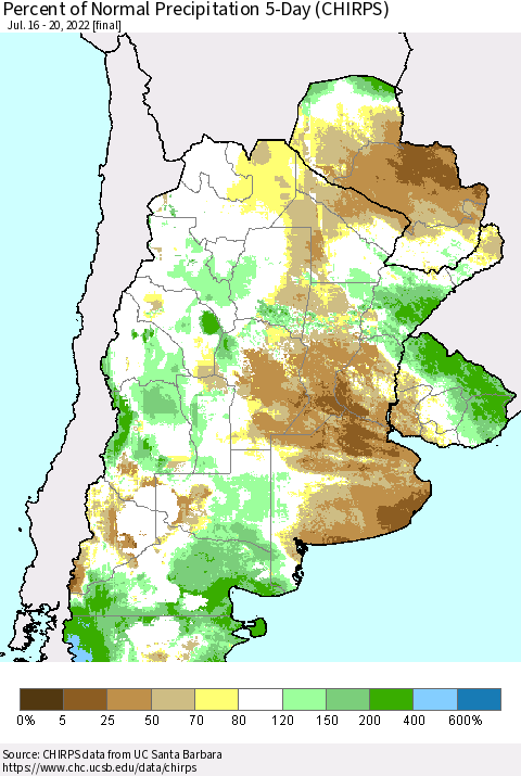 Southern South America Percent of Normal Precipitation 5-Day (CHIRPS) Thematic Map For 7/16/2022 - 7/20/2022