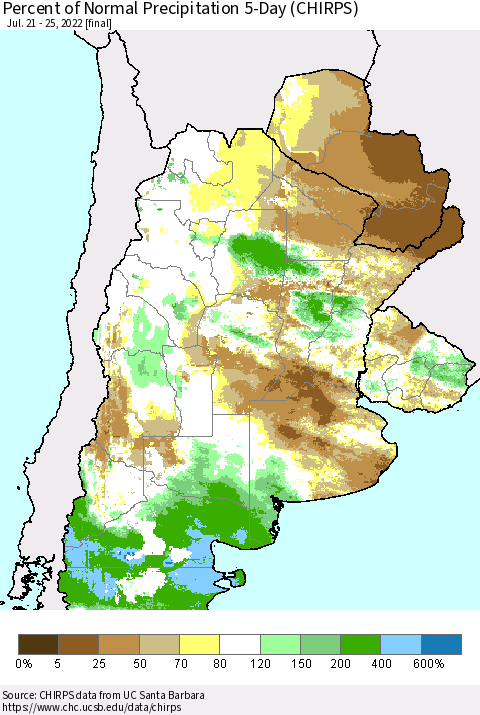 Southern South America Percent of Normal Precipitation 5-Day (CHIRPS) Thematic Map For 7/21/2022 - 7/25/2022