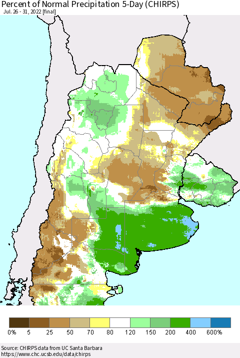 Southern South America Percent of Normal Precipitation 5-Day (CHIRPS) Thematic Map For 7/26/2022 - 7/31/2022