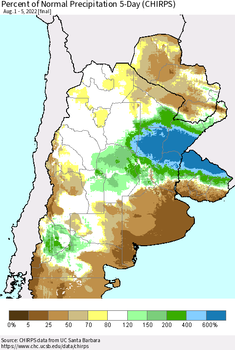 Southern South America Percent of Normal Precipitation 5-Day (CHIRPS) Thematic Map For 8/1/2022 - 8/5/2022