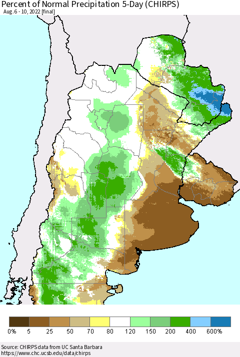 Southern South America Percent of Normal Precipitation 5-Day (CHIRPS) Thematic Map For 8/6/2022 - 8/10/2022