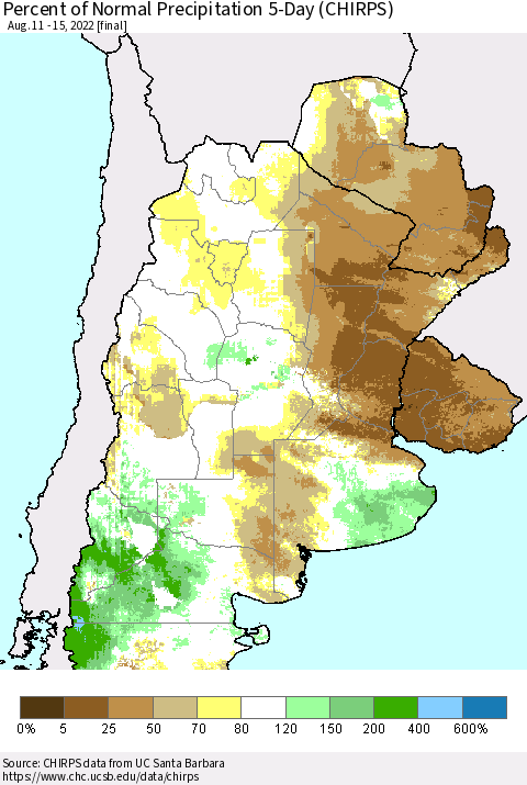 Southern South America Percent of Normal Precipitation 5-Day (CHIRPS) Thematic Map For 8/11/2022 - 8/15/2022