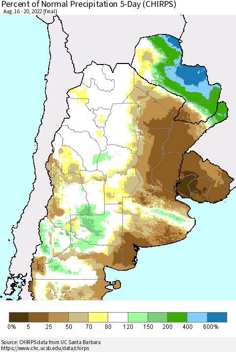 Southern South America Percent of Normal Precipitation 5-Day (CHIRPS) Thematic Map For 8/16/2022 - 8/20/2022