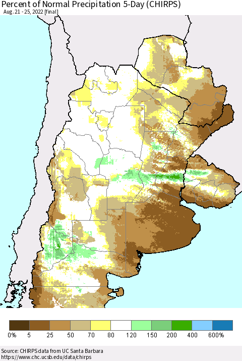 Southern South America Percent of Normal Precipitation 5-Day (CHIRPS) Thematic Map For 8/21/2022 - 8/25/2022