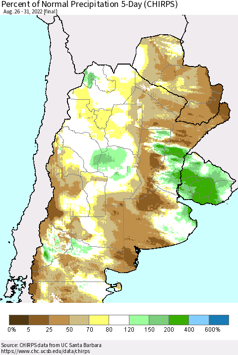 Southern South America Percent of Normal Precipitation 5-Day (CHIRPS) Thematic Map For 8/26/2022 - 8/31/2022