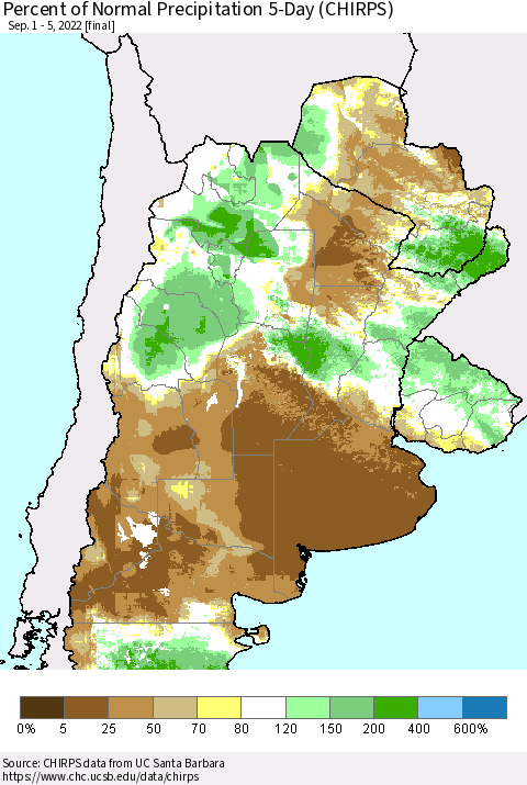 Southern South America Percent of Normal Precipitation 5-Day (CHIRPS) Thematic Map For 9/1/2022 - 9/5/2022
