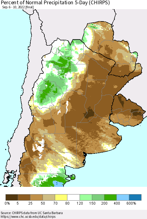Southern South America Percent of Normal Precipitation 5-Day (CHIRPS) Thematic Map For 9/6/2022 - 9/10/2022