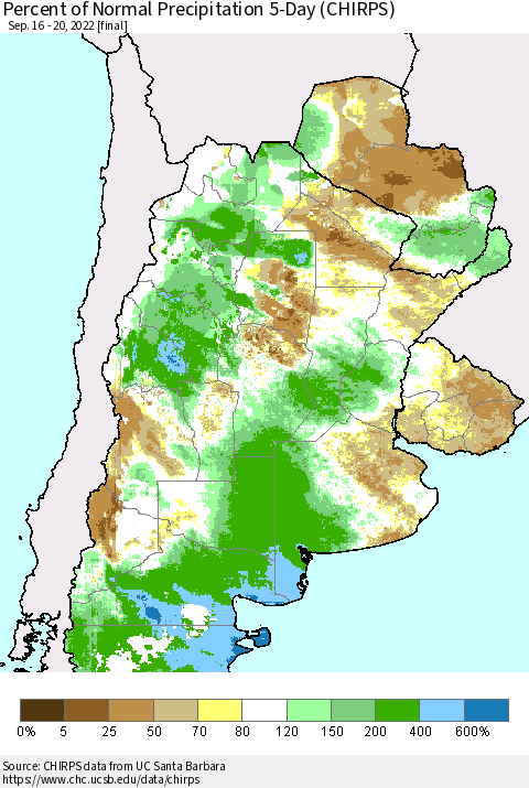 Southern South America Percent of Normal Precipitation 5-Day (CHIRPS) Thematic Map For 9/16/2022 - 9/20/2022