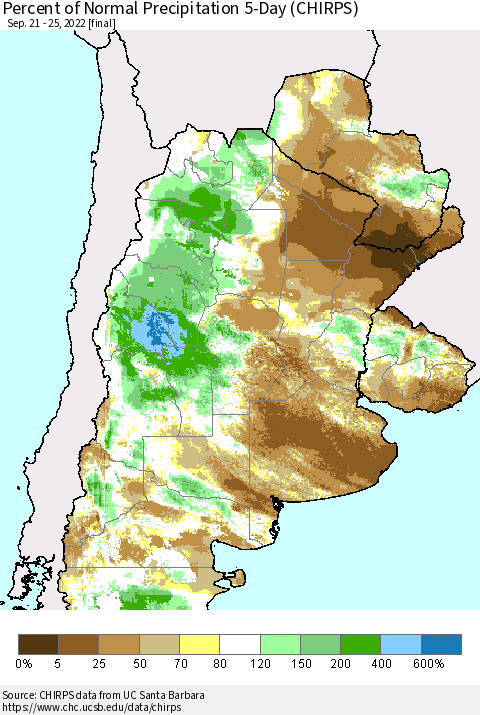 Southern South America Percent of Normal Precipitation 5-Day (CHIRPS) Thematic Map For 9/21/2022 - 9/25/2022