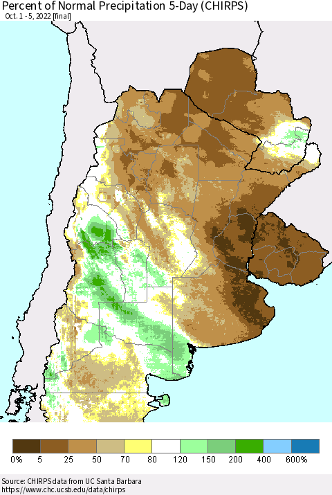 Southern South America Percent of Normal Precipitation 5-Day (CHIRPS) Thematic Map For 10/1/2022 - 10/5/2022
