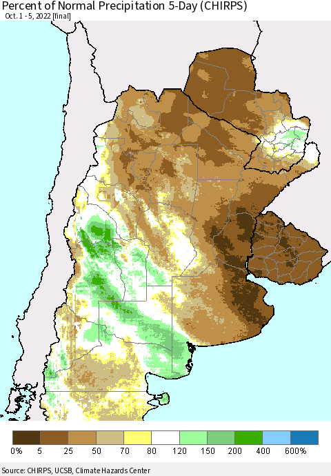 Southern South America Percent of Normal Precipitation 5-Day (CHIRPS) Thematic Map For 10/1/2022 - 10/5/2022