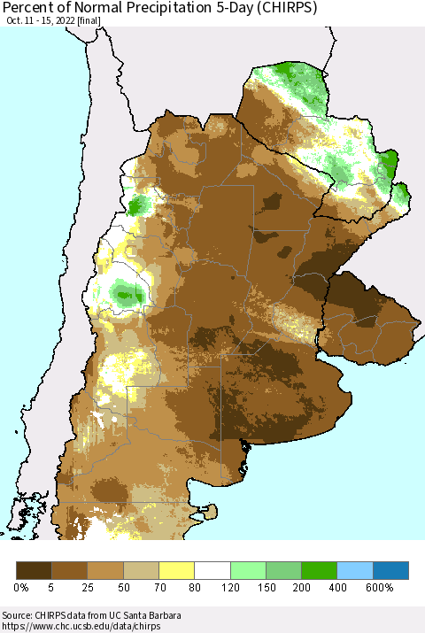 Southern South America Percent of Normal Precipitation 5-Day (CHIRPS) Thematic Map For 10/11/2022 - 10/15/2022
