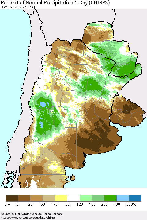 Southern South America Percent of Normal Precipitation 5-Day (CHIRPS) Thematic Map For 10/16/2022 - 10/20/2022